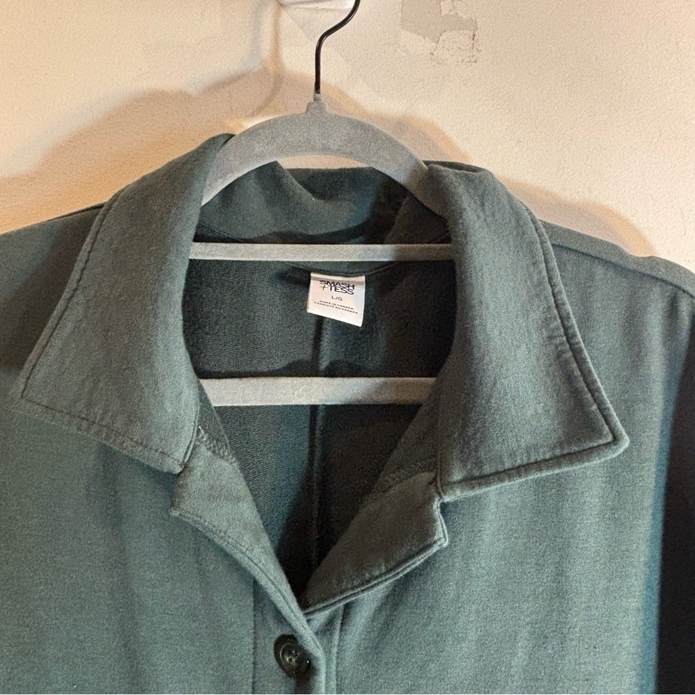 SMASH & TESS Sz L Oversized Green Jumpsuit Cargo Pockets Flip Collar Buttons - Picture 2 of 9